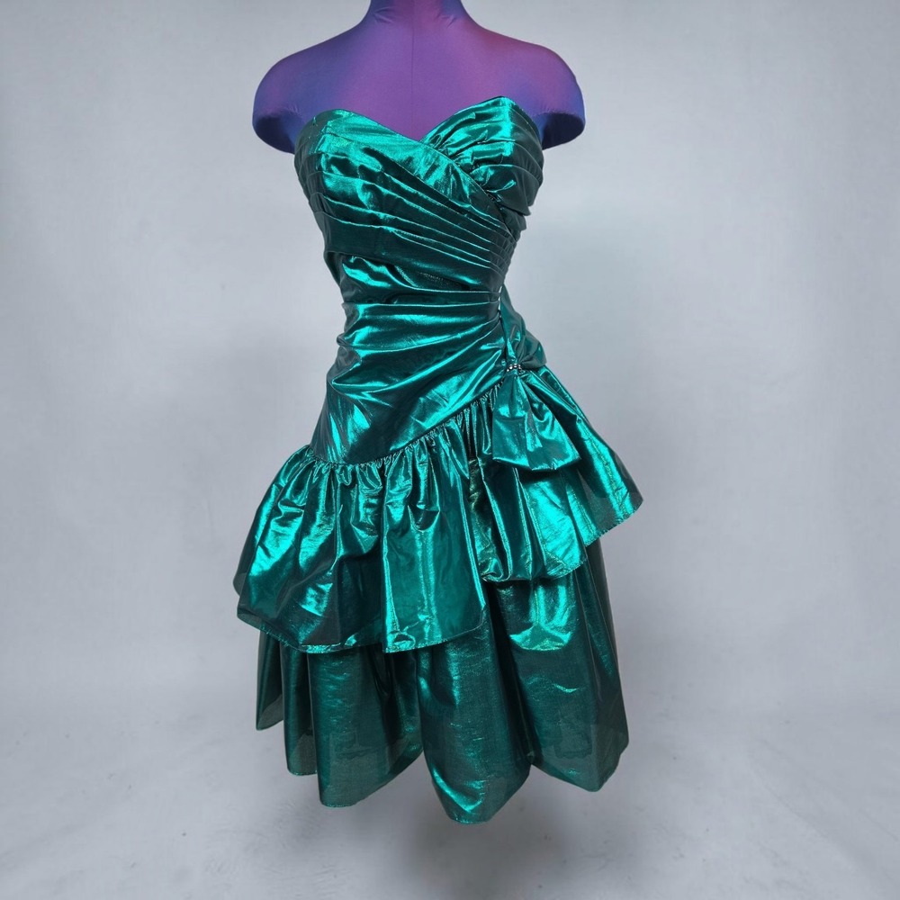 Vintage Gunne Sax Jessica McClintock Metallic Green Strapless Ruffle Dress 9/10